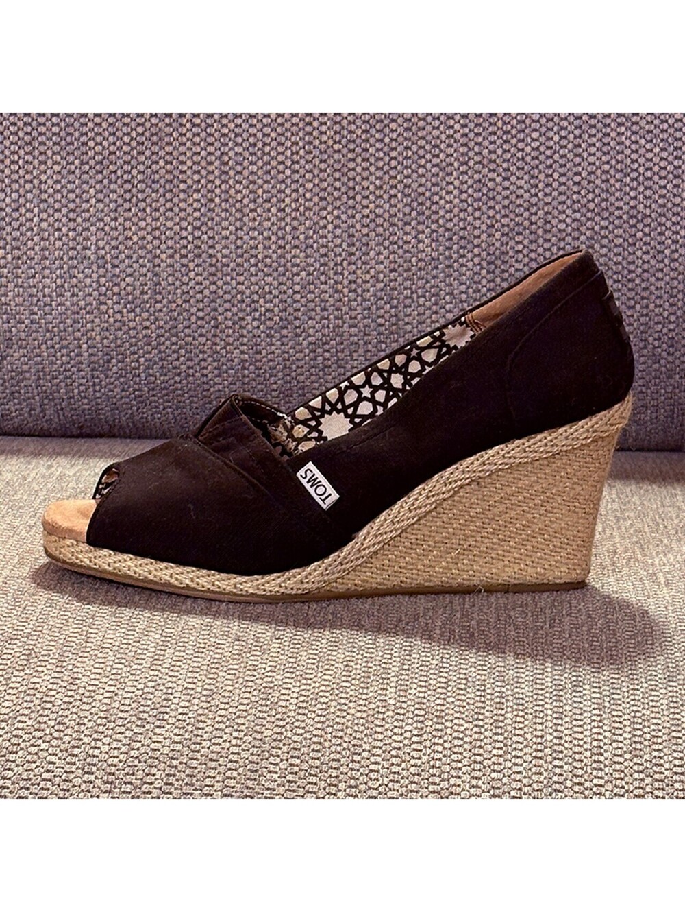 TOMS Black Canvas Peep Toe Wedge Espadrilles, 10W